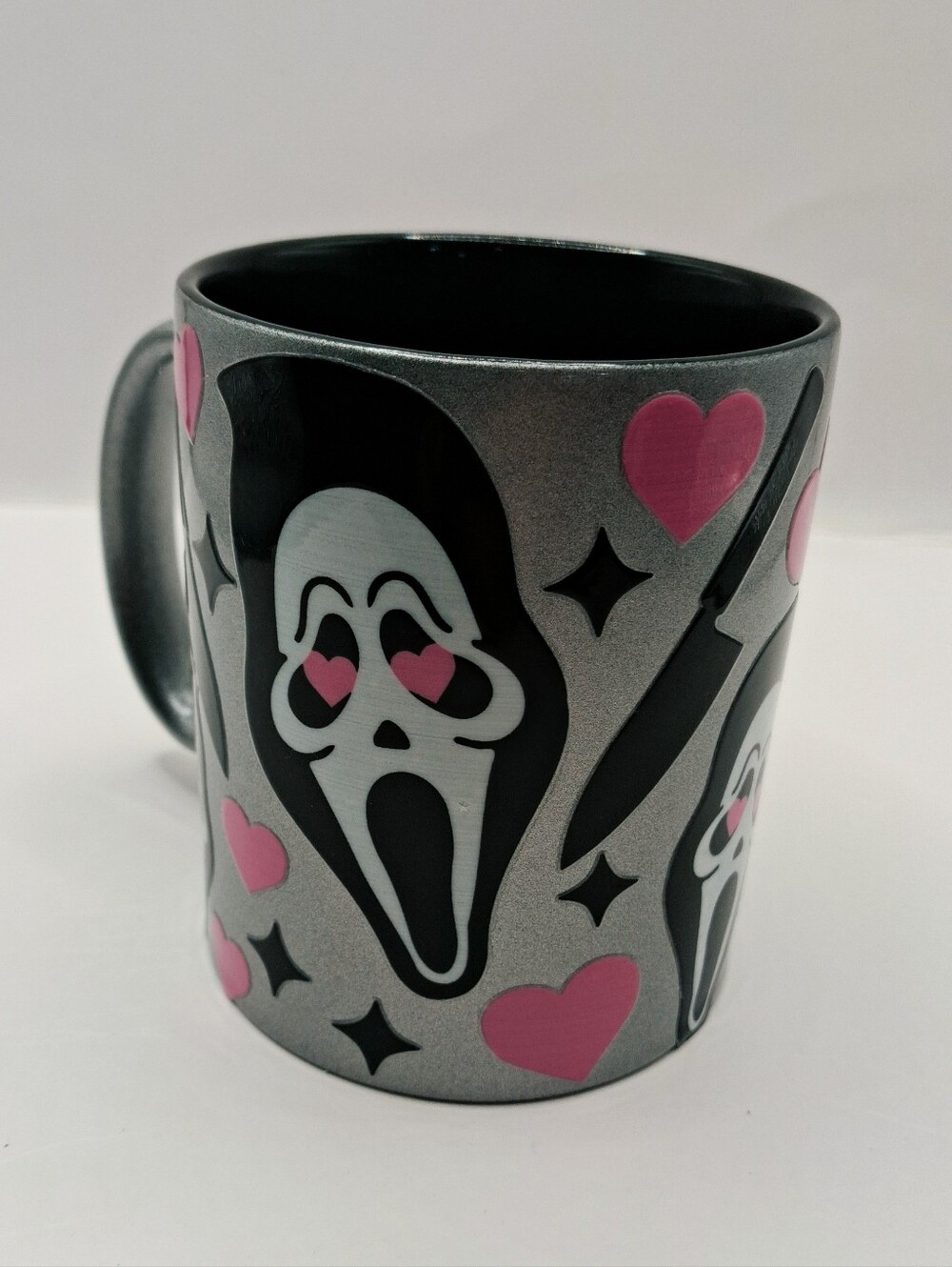 Scream Ghost Face Coffee Mug Pink Hearts Ceramic 12oz